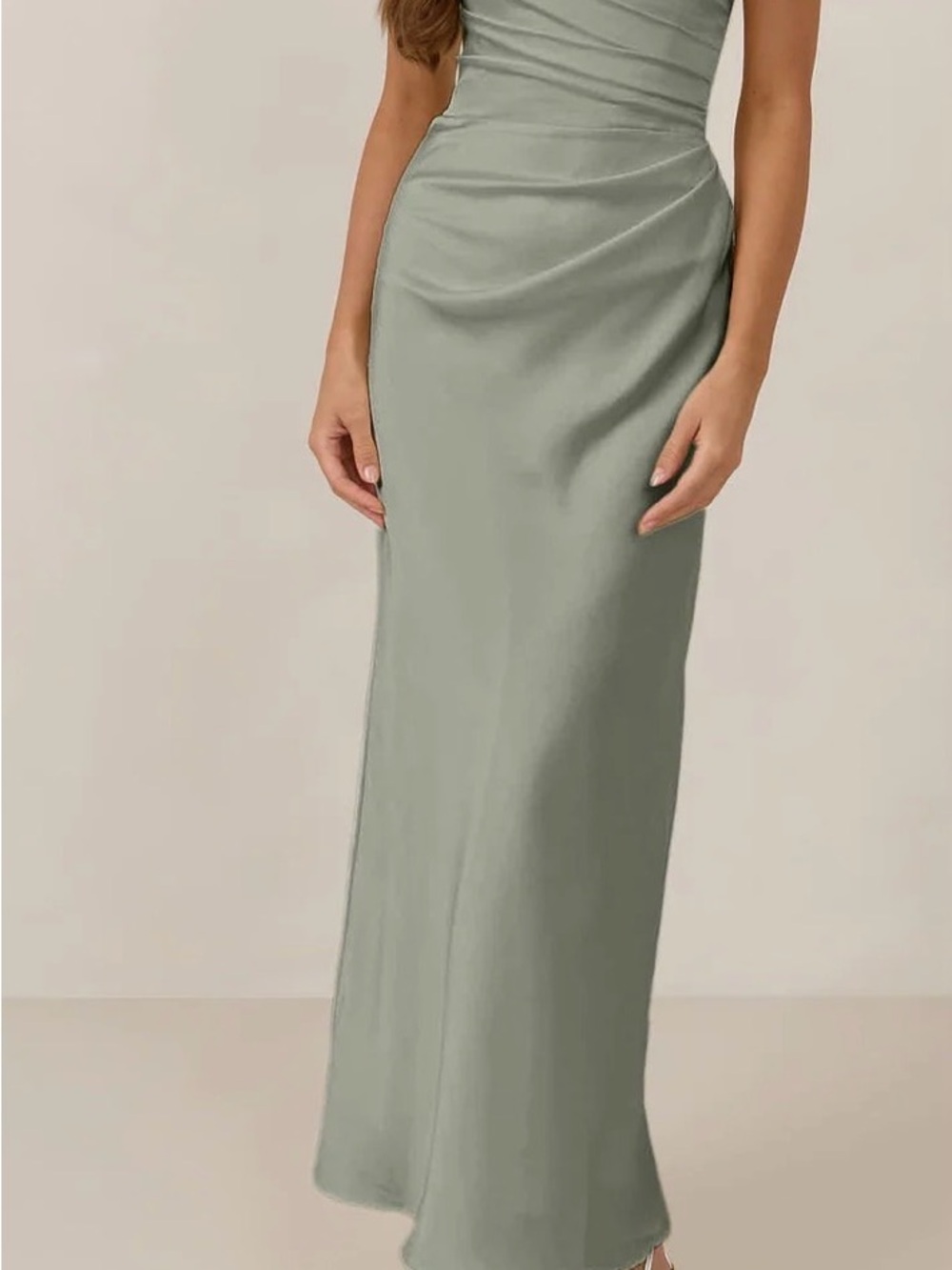 Strapless Olive Green Satin Midi Dress